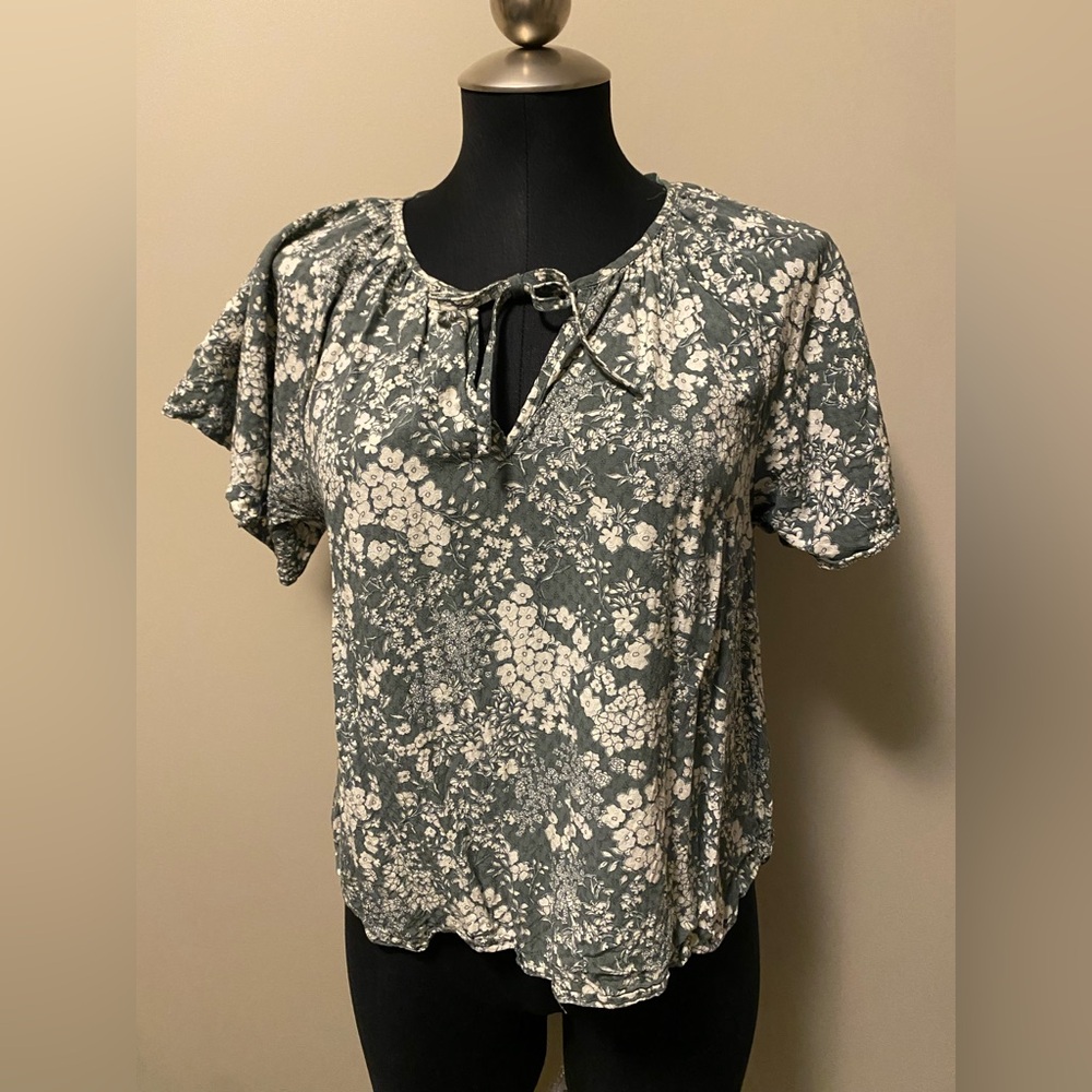 Womens Joe Fresh Small Green and White Patterned Tie Neck Blouse